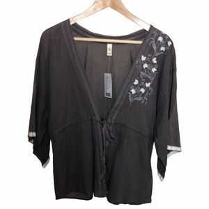 Anthropologie Tiny Front Tie Top Grey Embroidery M